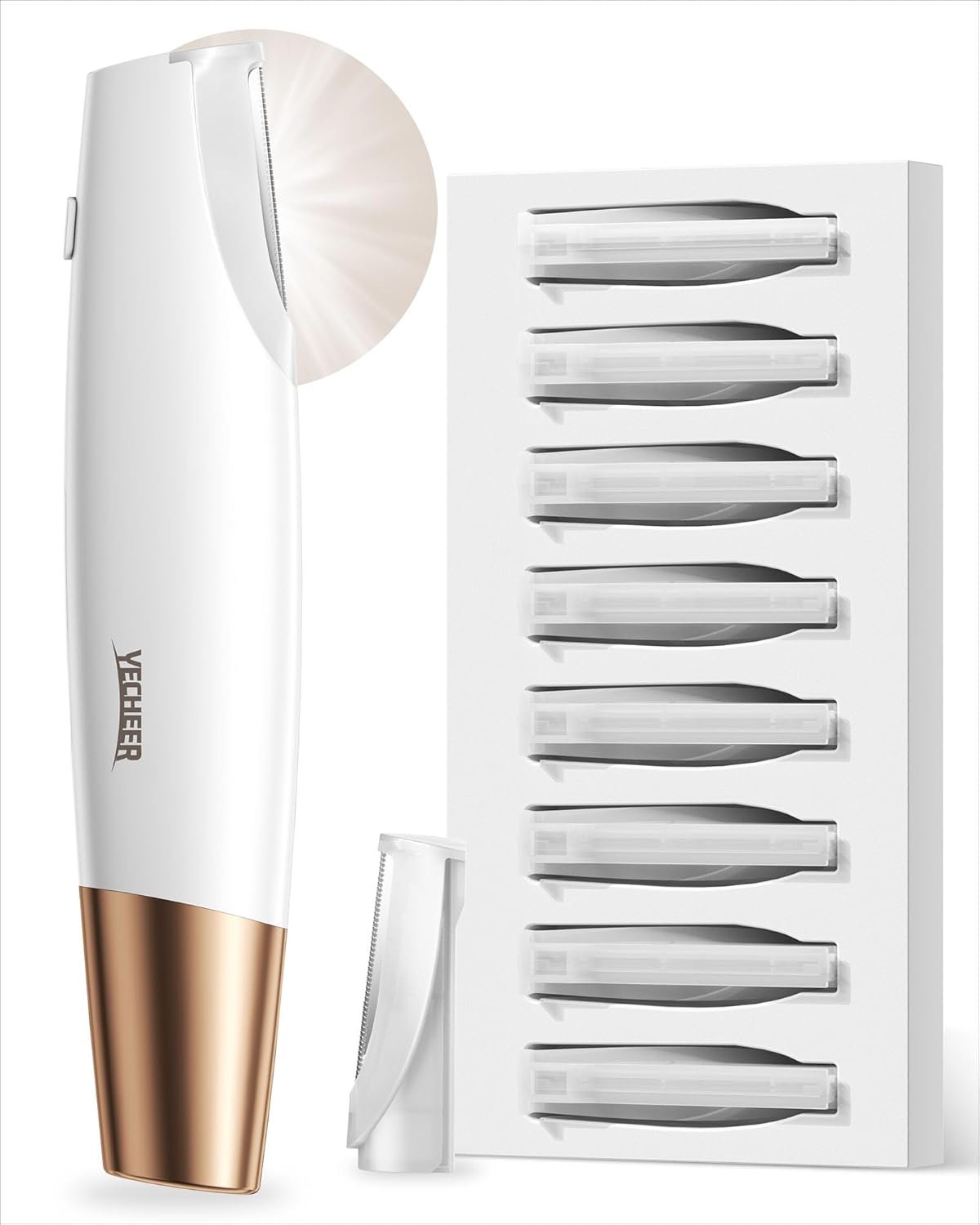 Dermaplane Razor for Women Face: Sonic Dermaplaning Tool for Smooth Skin – Professional Peach Fuzz Remover w/LED Light&8 Refill Blades – Non-Irritating Electric Facial Hair Removal (White)