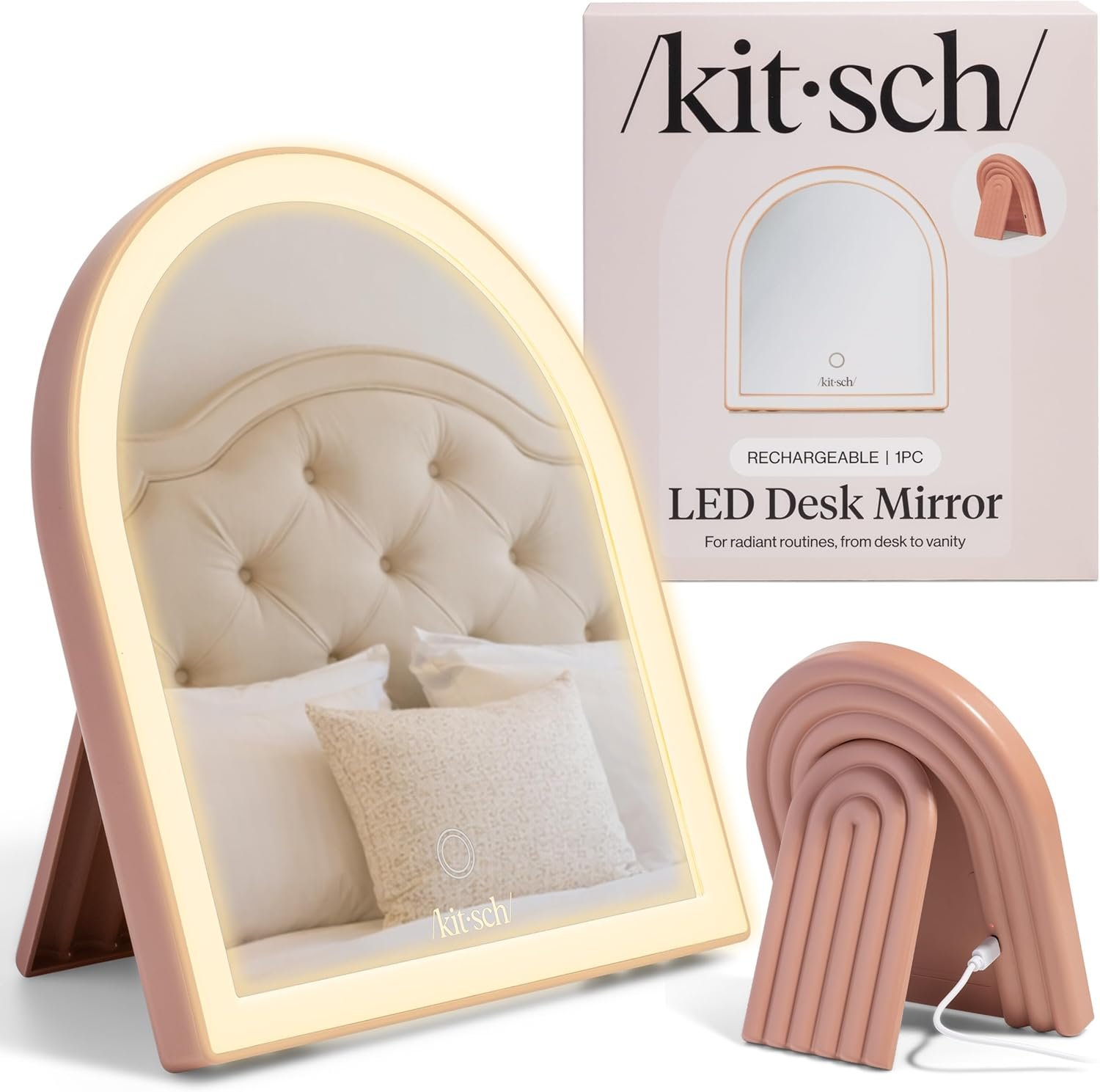 Kitsch Arch Desk Vanity Mirror with Lights, LED Makeup Surface, Touch Sensor Dimmable Warm Neutral Cool Glow, Rechargeable Desk Mirror with Kickstand for Travel – Terracotta