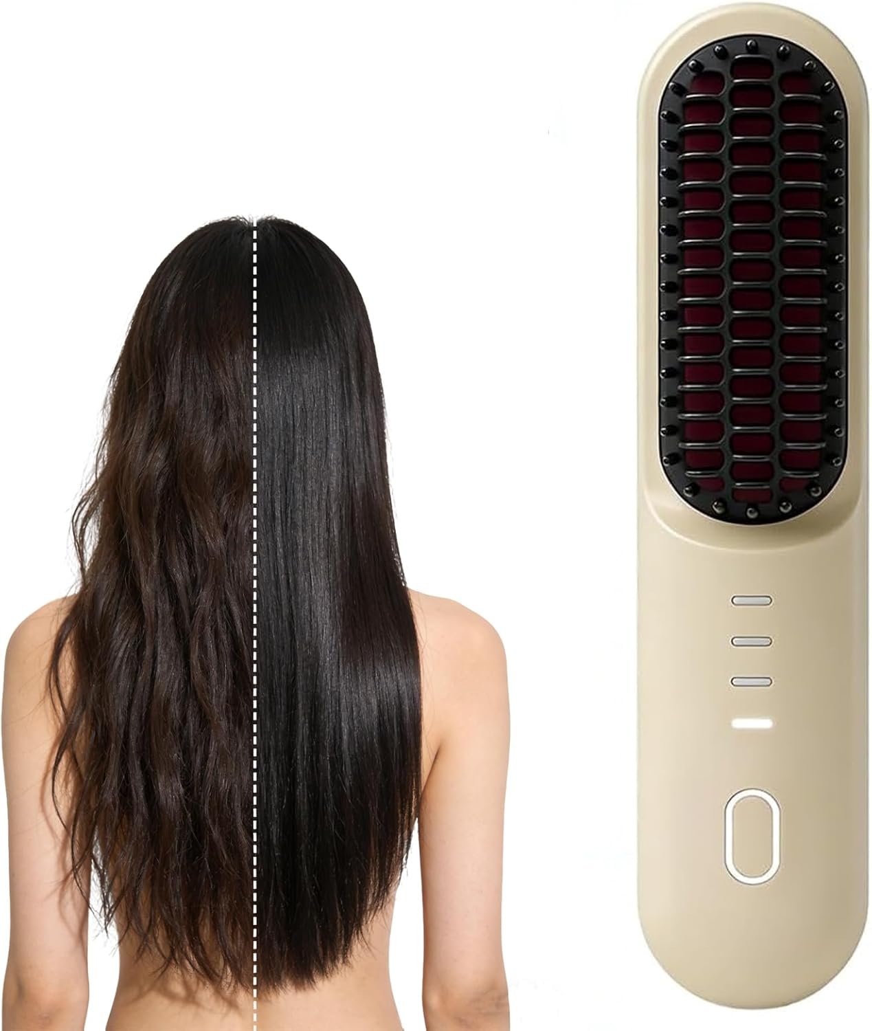 mini hair straightener, 2026 Cordless Hair Straightener Brush,Portable Straightener Brushs for Travel, with LCD Temperature DisplayFast Heating Cordless Mini Hair Brushs Styling Tools(New beige color)