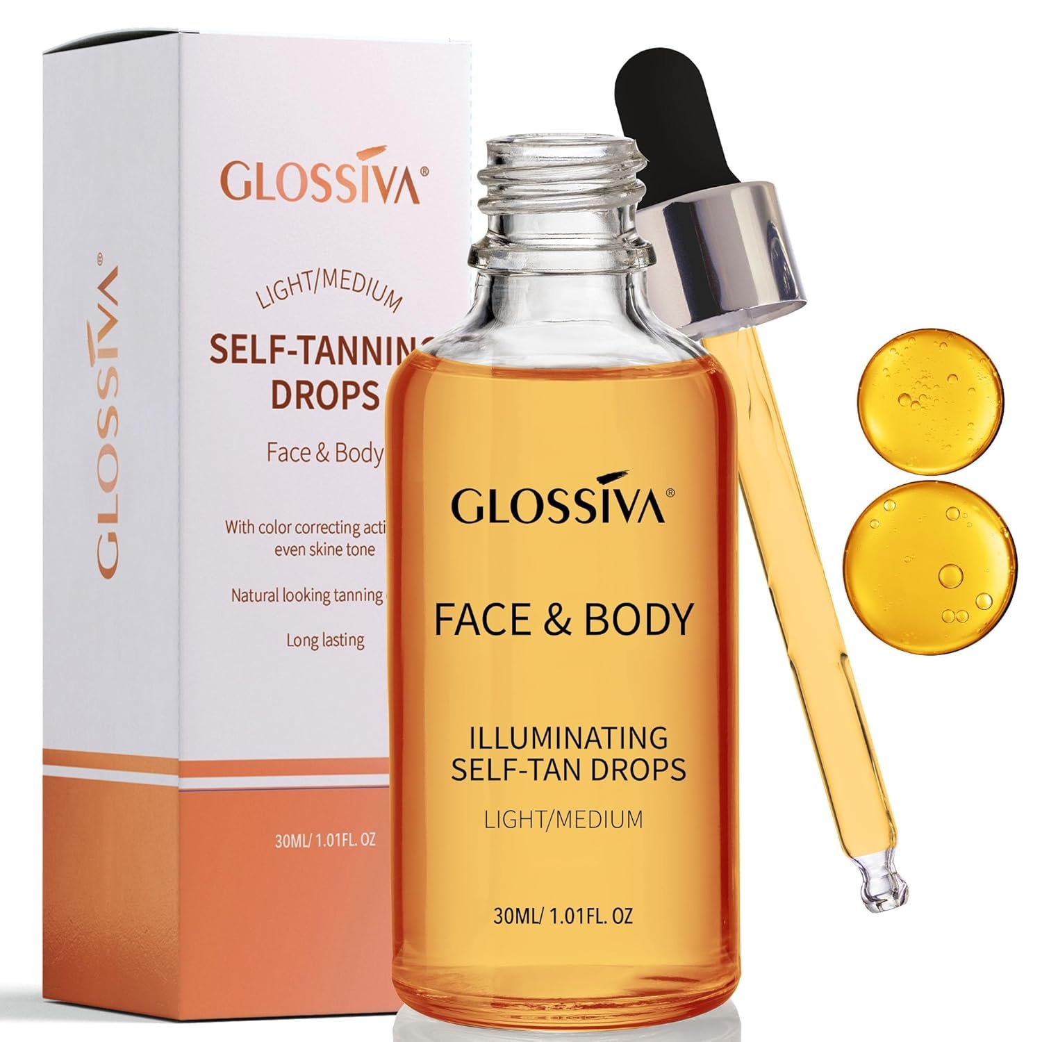 Glossiva Self Tanning Drops – Sunless Tan for a Sun-Kissed Bronze – Beauty Skin Self Tanner – Gradual Glow for Face and Body – Long-Lasting for a Week, 1.01 Fl Oz