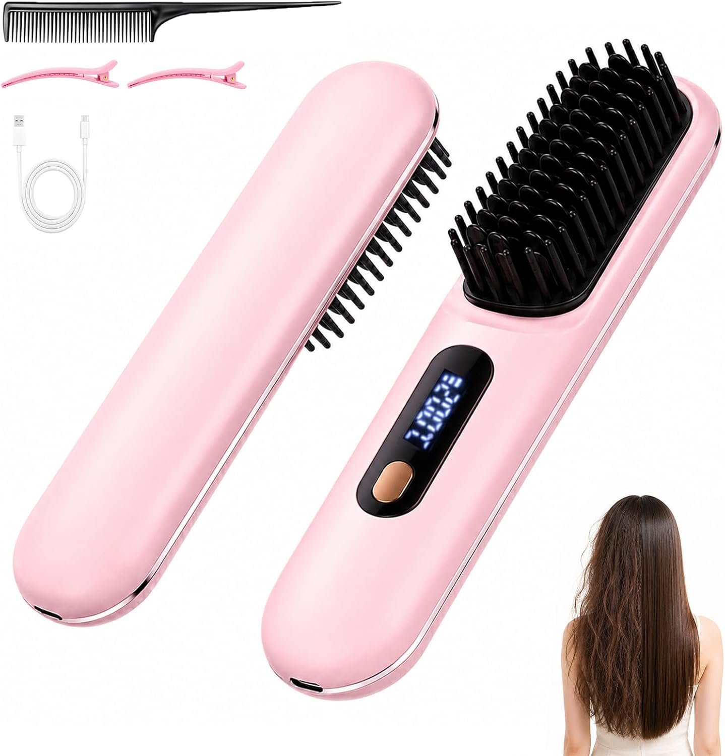 Go Brush Pro for Short Hair, Hair Straightener Brush for Women, 2026 Upgraded Cordless Ceramic Straightening for Home Travel, Portable Electric Hot Comb, 4000mAh Type-C Rechargeable