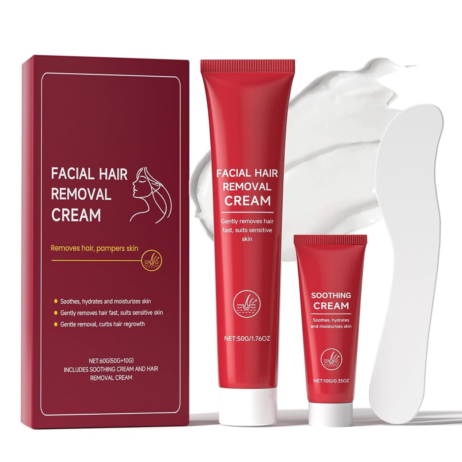Facial Hair Removal Cream for Women, 2-in-1 Facial Hair Remover Cream with Soothing Creams for Sensitive Skin, Gentle & Painless Depilatory Creams for Face Upper Lip Chin, For Smooth Skin 2.03 Fl Oz