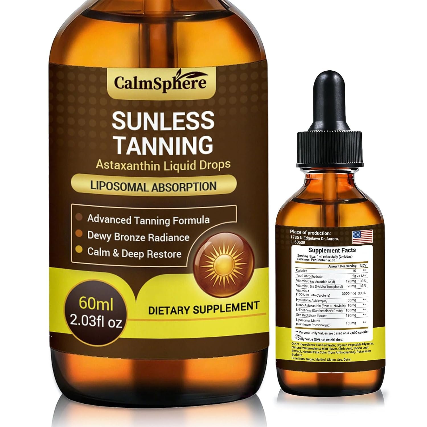 Tanning Drops to Drink- Sunless Tanning Drops with Beta-Carotene & Liposomal Astaxanthin, Hyaluronic Acid & L-Theanine for Natural Glow &Sun Kissed Skin Support, 2.03 Fl Oz (30-Day Supply)