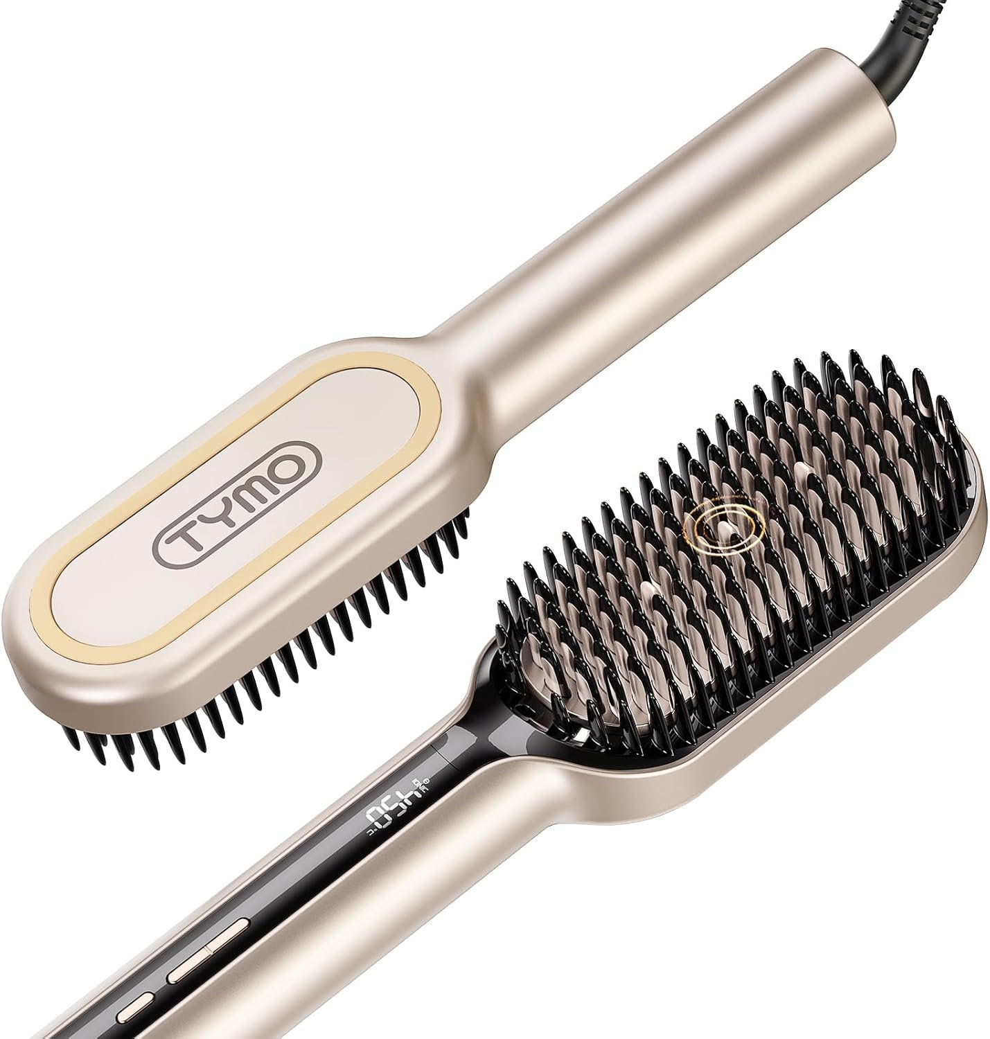 TYMO Hair Straightener Brush – Upgraded Ionic Plus Straightening Brush with Dense Bristles, 16 Temps, Dual Voltage | Ceramic Hot Comb for Women | Flat Iron for Thick Curly Hair, Gold