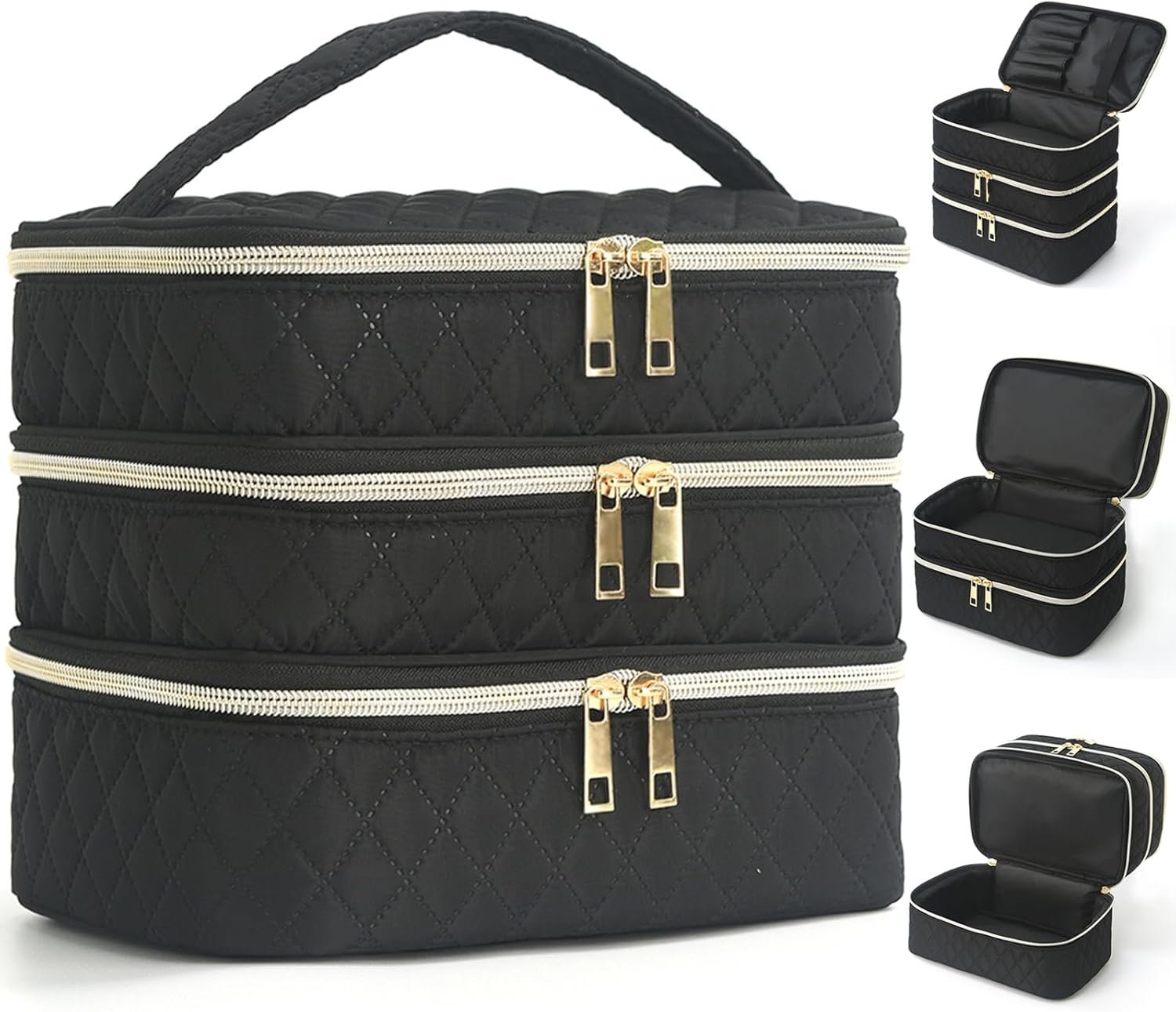 Travel Makeup Bag for Women Three Layer Large Cosmetic Case Water-resistant Toiletry Bag Organizer for Store Toiletries Cosmetic Accessories and Manicure Sets Black