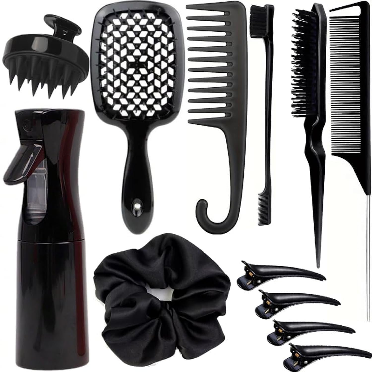 12 Pcs Hair Styling Brush Set with Detangler, Teasing, Rat Tail, Edge Brushes and Baby Hair Brushes – Soft Bristles for Baby Girls and Women (Black)