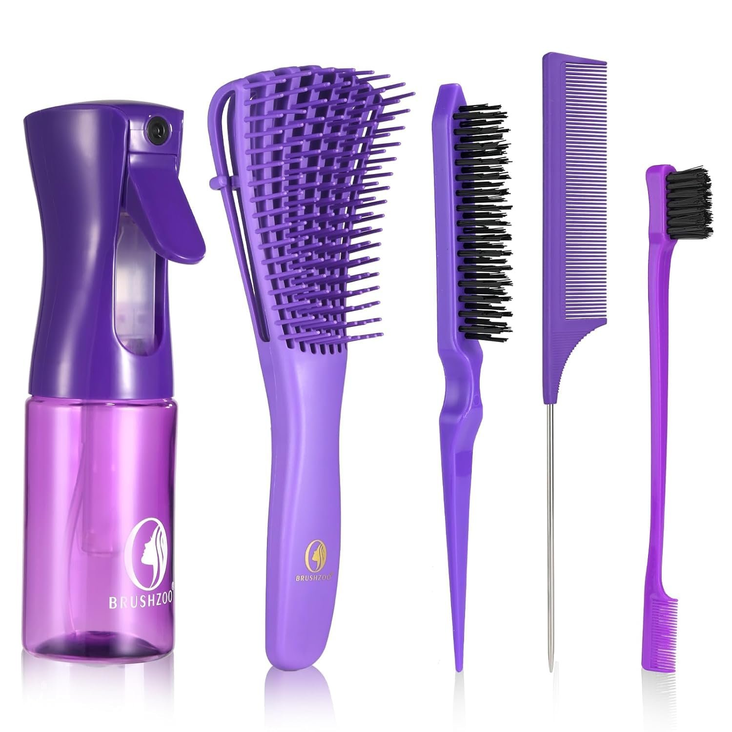 BRUSHZOO Hair Brush Set for Women All Hair Detangling Styling, Purple | Detangler brush,Hair Spray bottle,Teasing brush,Rat tail comb, for wet dry All hair,for women men kid