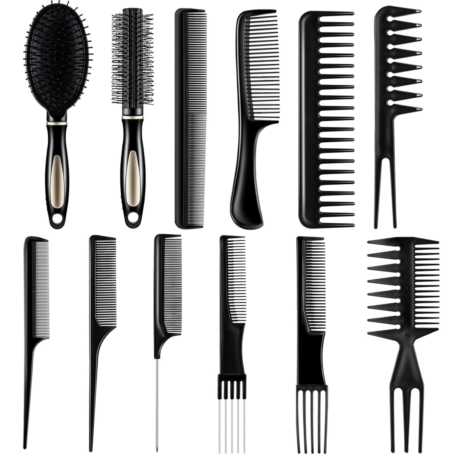 12 Pieces Hair Brush Comb Set Paddle Detangling Hairbrush Massage Roller Black Styling Hair Comb Barber Combs for Women Men Wet Dry Curly Straight Stylist Salon, Barbershop