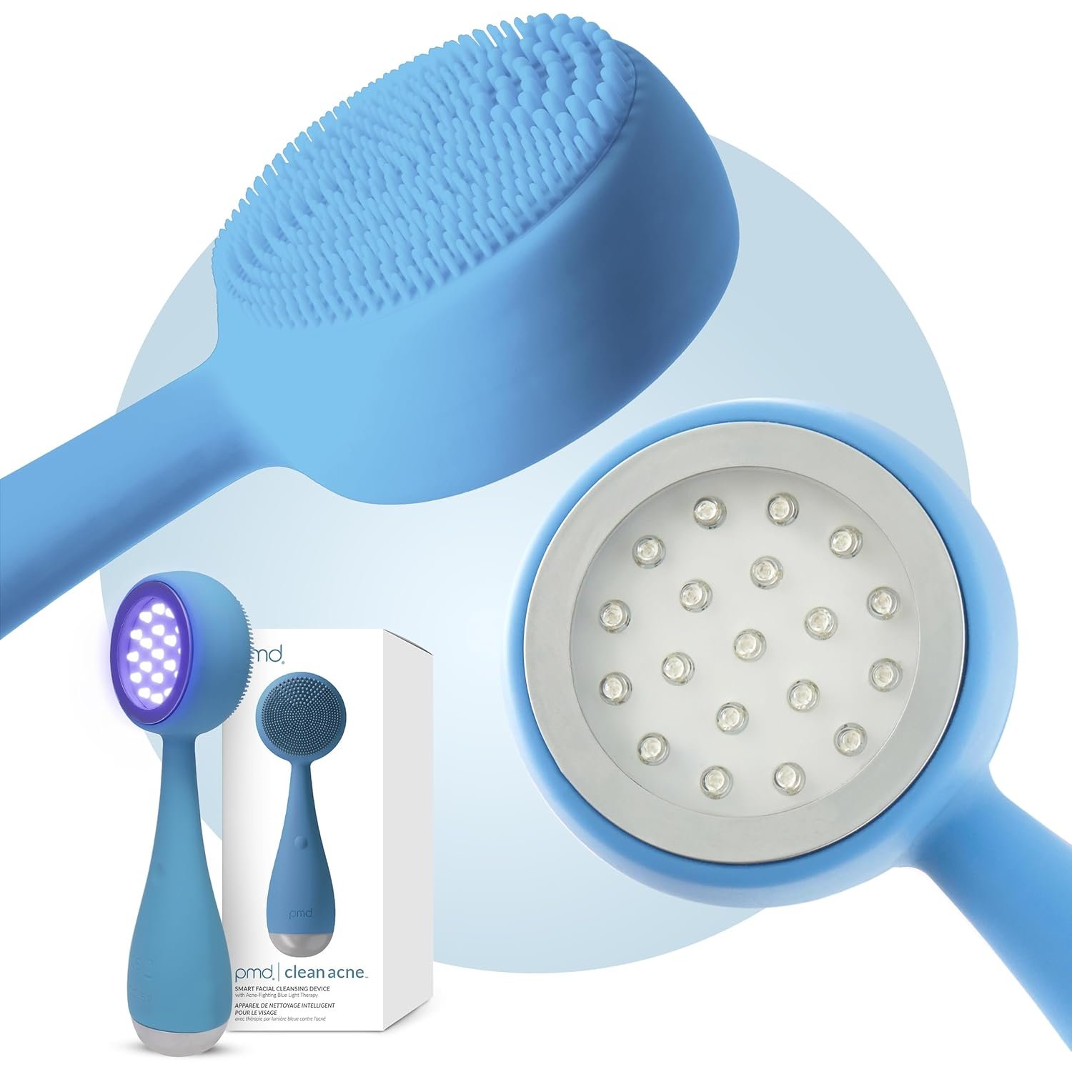 Clean, Acne, and Redvolution – Electric Facial Cleansing Brush, Smart Facial Device with Silicone Brush & Anti-Aging Massager, Red and Blue LED Light
