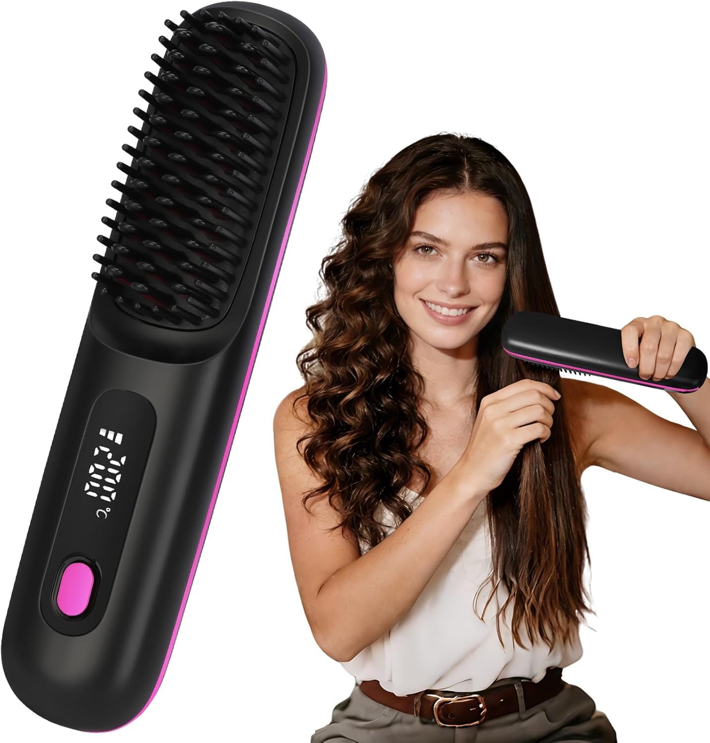 Upgrade 6400 mAh Cordless Hair Straightener Brush Portable Mini Hair Straightener with Long Battery Life, 2026 New Travel Rechargeable Straightening Comb with Temperature Display for Women(Black)