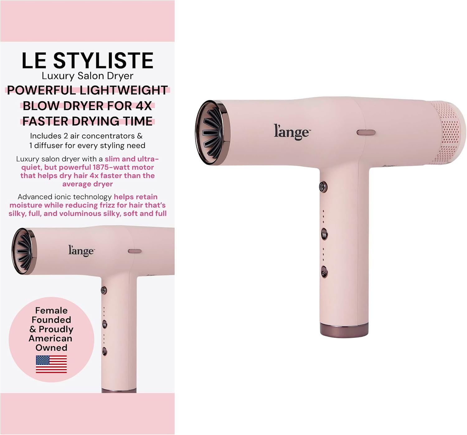 L’ANGE HAIR Le Styliste Hair Dryer | Quiet Brushless Blow Dryer with Diffuser | 1875 Watts for 4X Faster Drying | Hairdryer with 3 Heat & Speed Settings | Best Hair Dryers for Blowouts