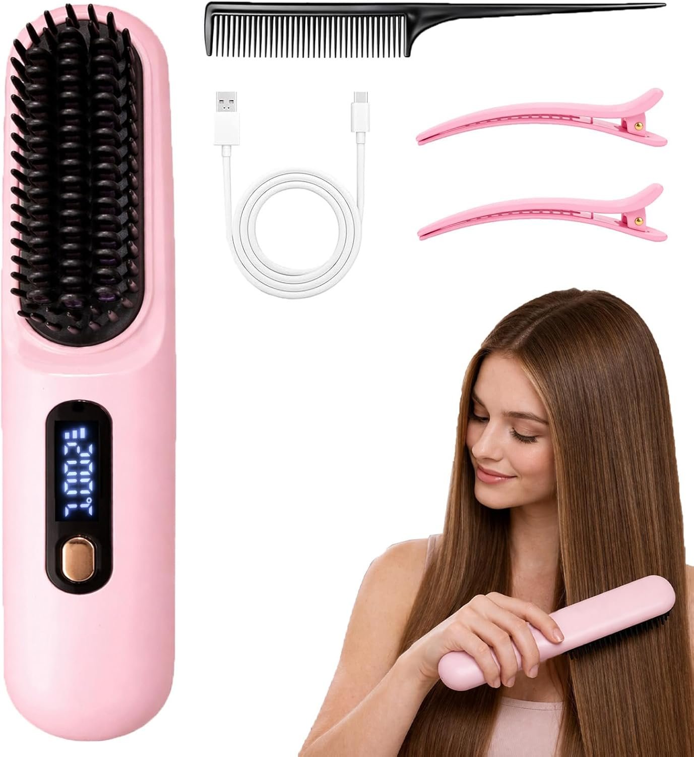 Go Brush Pro for Short Hair, 2026 Upgraded Cordless Straightening for Home Travel, Hair Straightener Brush for Women, Portable Electric Hot Comb with 1-Min Fast Heat, 4000mAh Type-C Rechargeable
