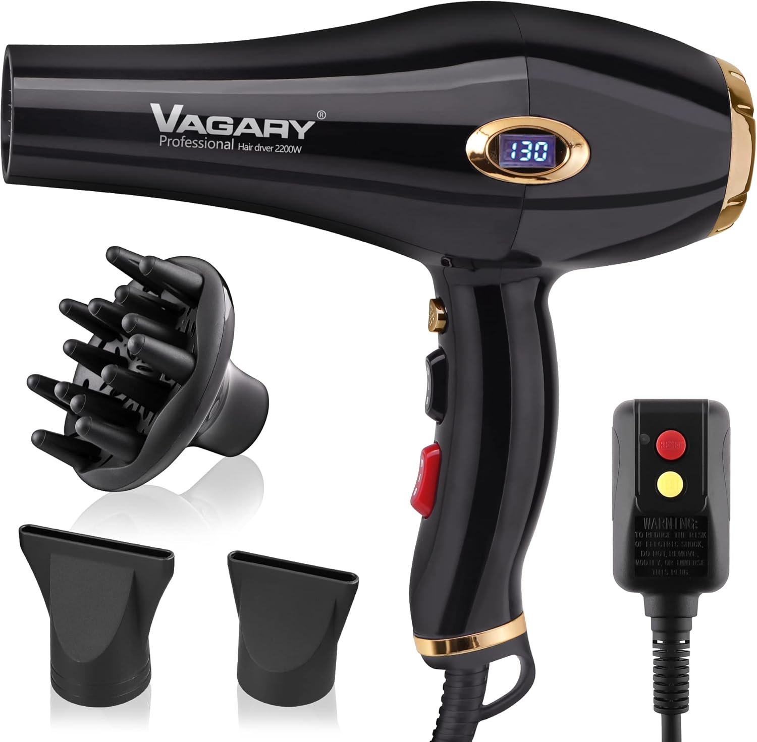 VAGARY Hair Dryer with Diffuser Concentrator, 2200W Professional Salon Ionic Blow Dryer for Frizz Free Smooth Hair, Featuring 2 Speeds and 2 Heat Settings, Cool Shot Button（Gold）