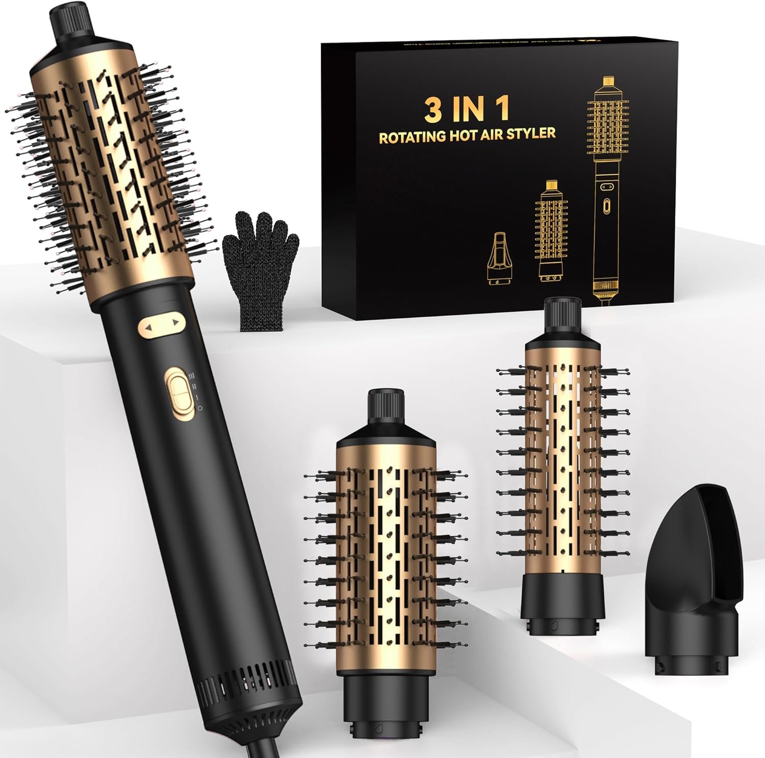 4 in 1 Rotating Hair Dryer Brush Spinning with Detachable Brush(2″ & 1.5″),Negative Ionic Brush Blow Dryer 100-120V,3 Heats and 2 Speeds Rotating Hot Air Brush for Curling,Straight,Drying