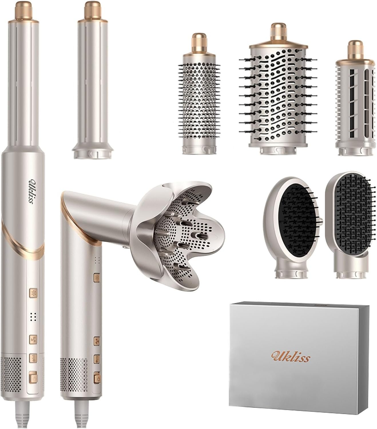Ukliss 8 in 1 Hair Dryer Brush & Multi Hot Air Styler–Foldable 110,000 RPM Blow Dryer Brush Tool Set with Diffuser Auto-Wrap Curler for Fast Drying Curling Straightening Hair Daily Styling