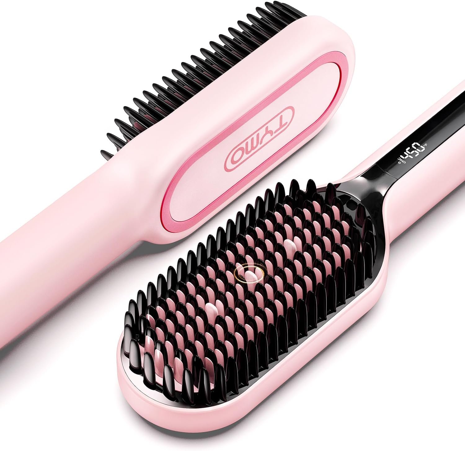 TYMO Hair Straightener Brush – Upgraded Ionic Plus Straightening Brush with Dense Bristles, 16 Temps, Dual Voltage | Ceramic Hot Comb for Women | Flat Iron for Thick Curly Hair, Pink