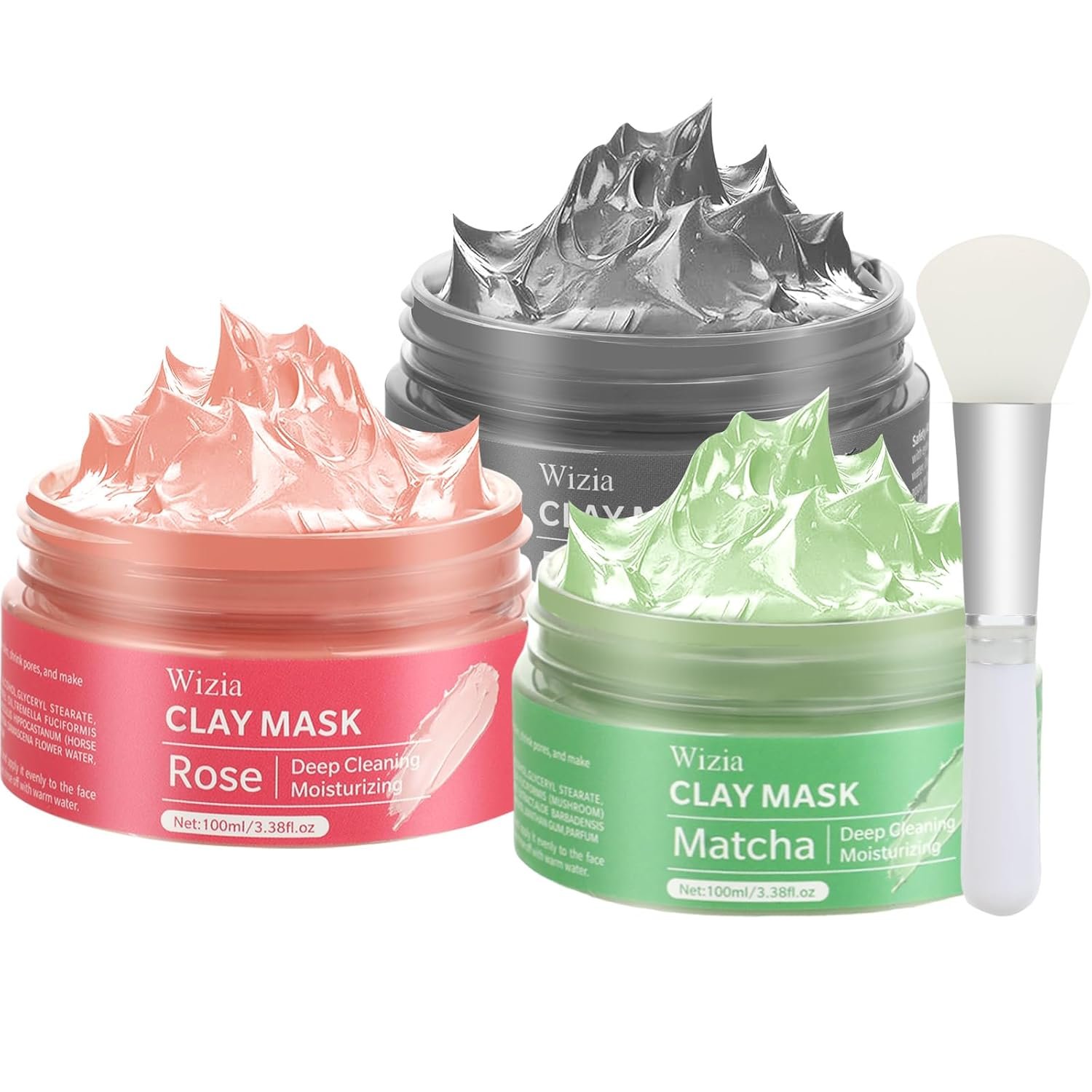 Wizia 3-Pack Clay Face Mask Set with Brush | Dead Sea Mineral, Green Tea & Rose Clay Masks | Deep Cleansing & Hydrating Facial Skincare Set for Women, Teens, All Skin Types