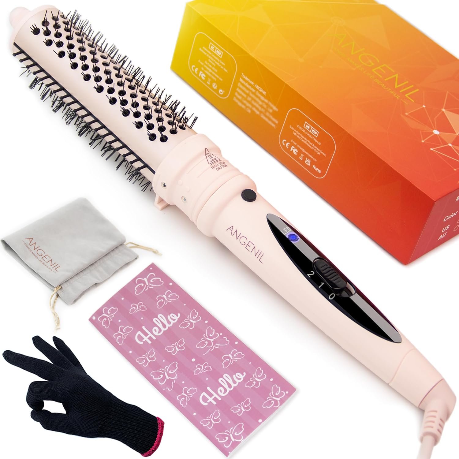 ANGENIL Thermal Hair Brush – Heated Hair Comb for Women, 1.5 inch Volumizer and Straightener, Tourmaline Ceramic Curling Iron, Detachable, Frizz-Free, Negative Ion, Dual Voltage, Beachwave, Pink