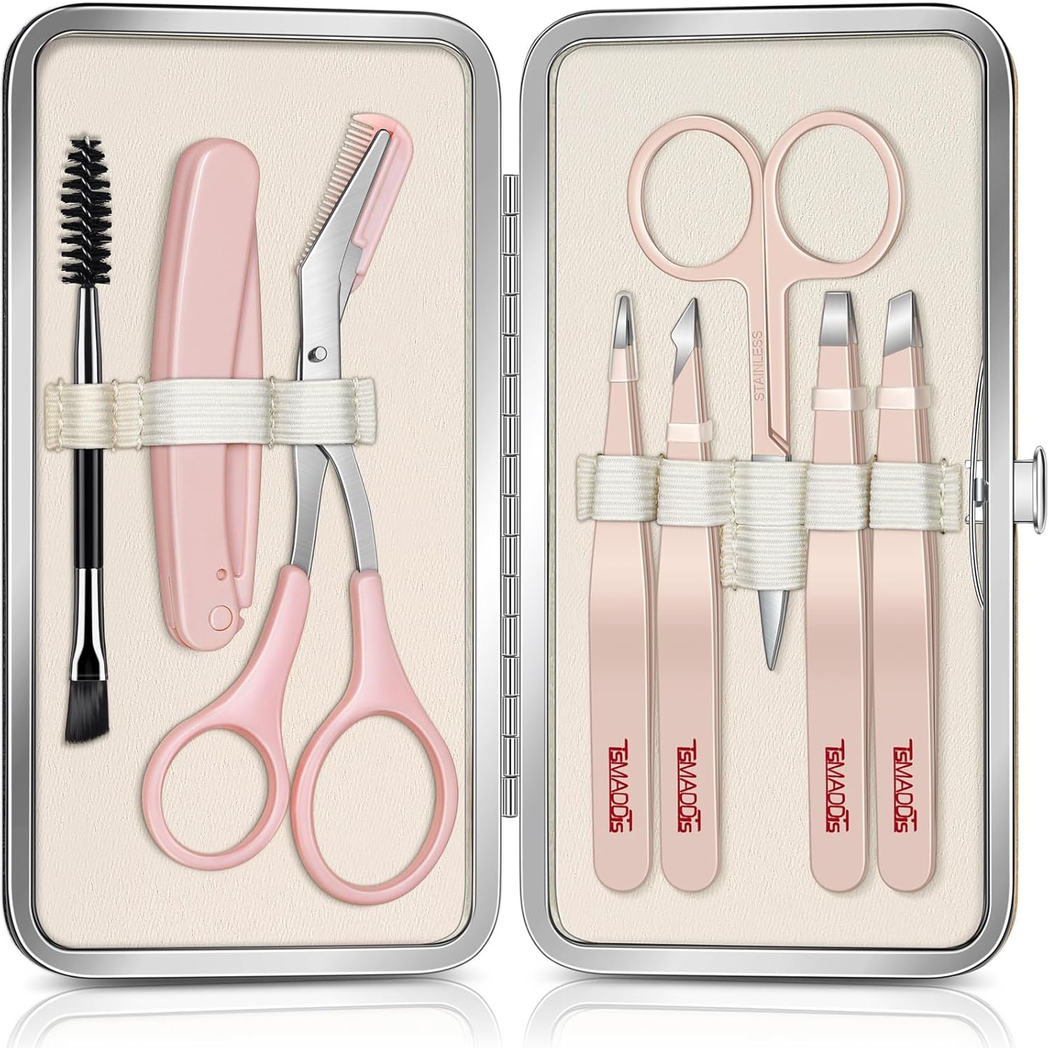 TsMADDTs Tweezers for Women Facial Hair, 8 in 1 Eyebrow Kit with Tweezers, Eyebrow Trimmer Scissors, Razor, Brush with Travel Bag, Hair Plucking Daily Beauty Tools