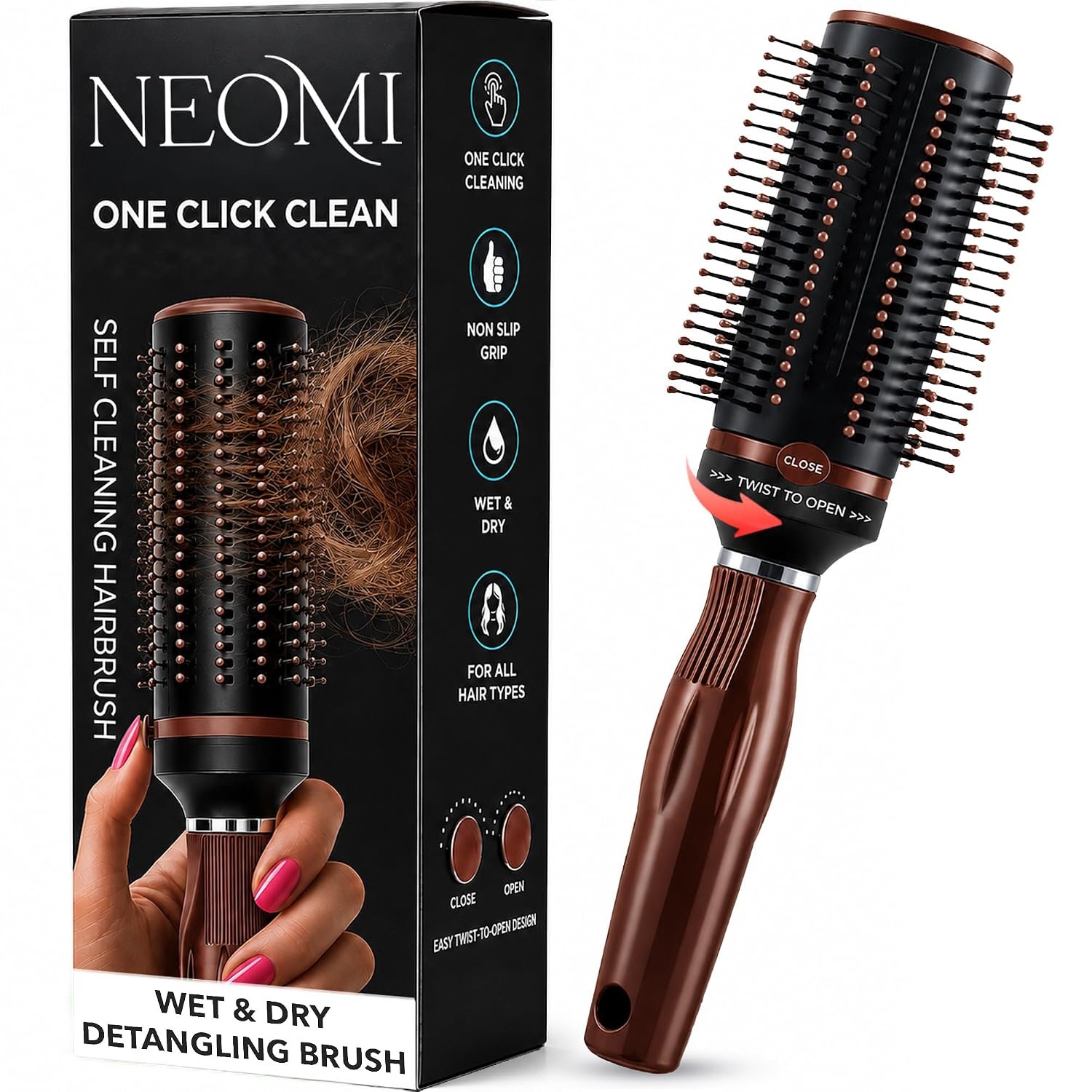 Shop LC Brown Self-Cleaning Hair Brush for Women | Retractable Bristle Detangler | Round Brush for Blow Out | Curly Straight Thick Hair | Compact Travel