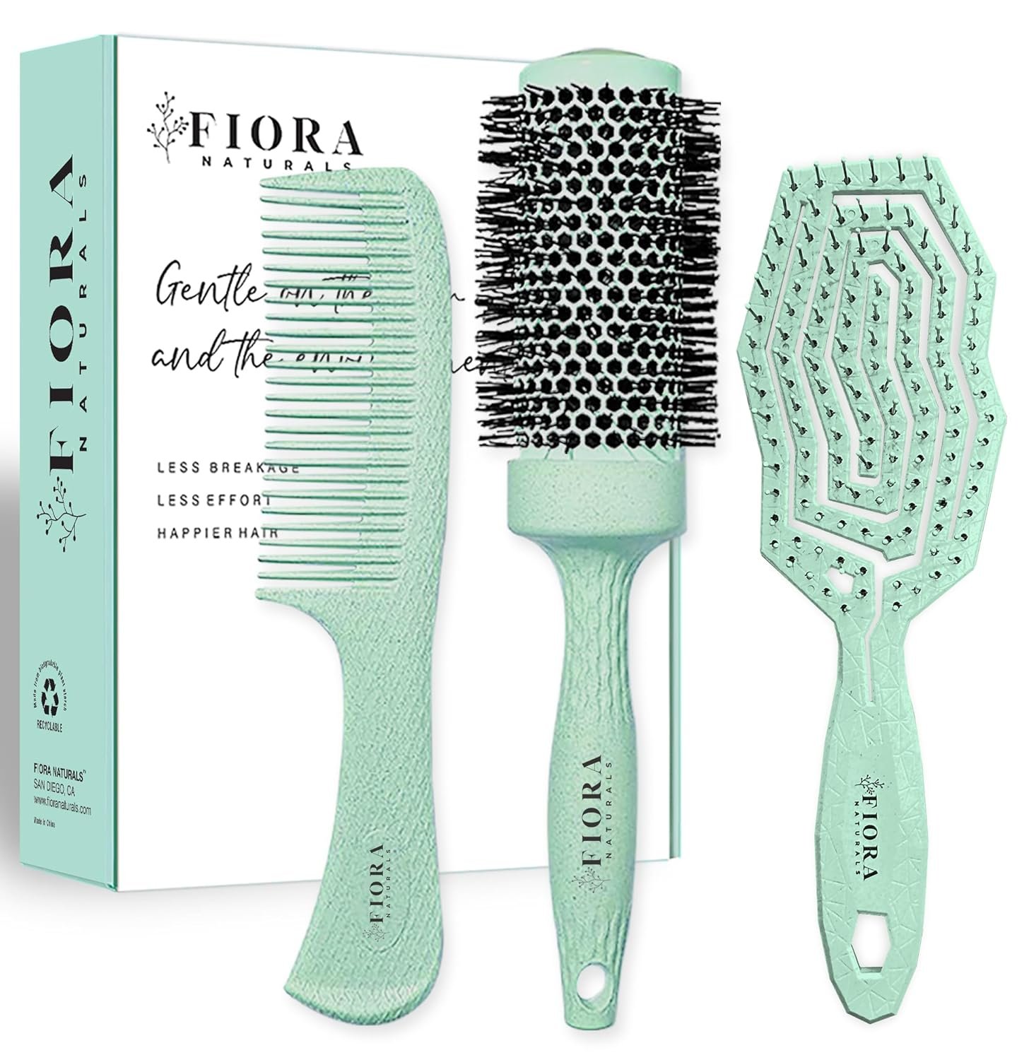 Fiora Naturals Hair Brush Set – Detangler, Round Brush, and Comb for Women – Brushes for All Hair Types including Natural, Fine & Curly – Ideal for Detangling and Blow Drying