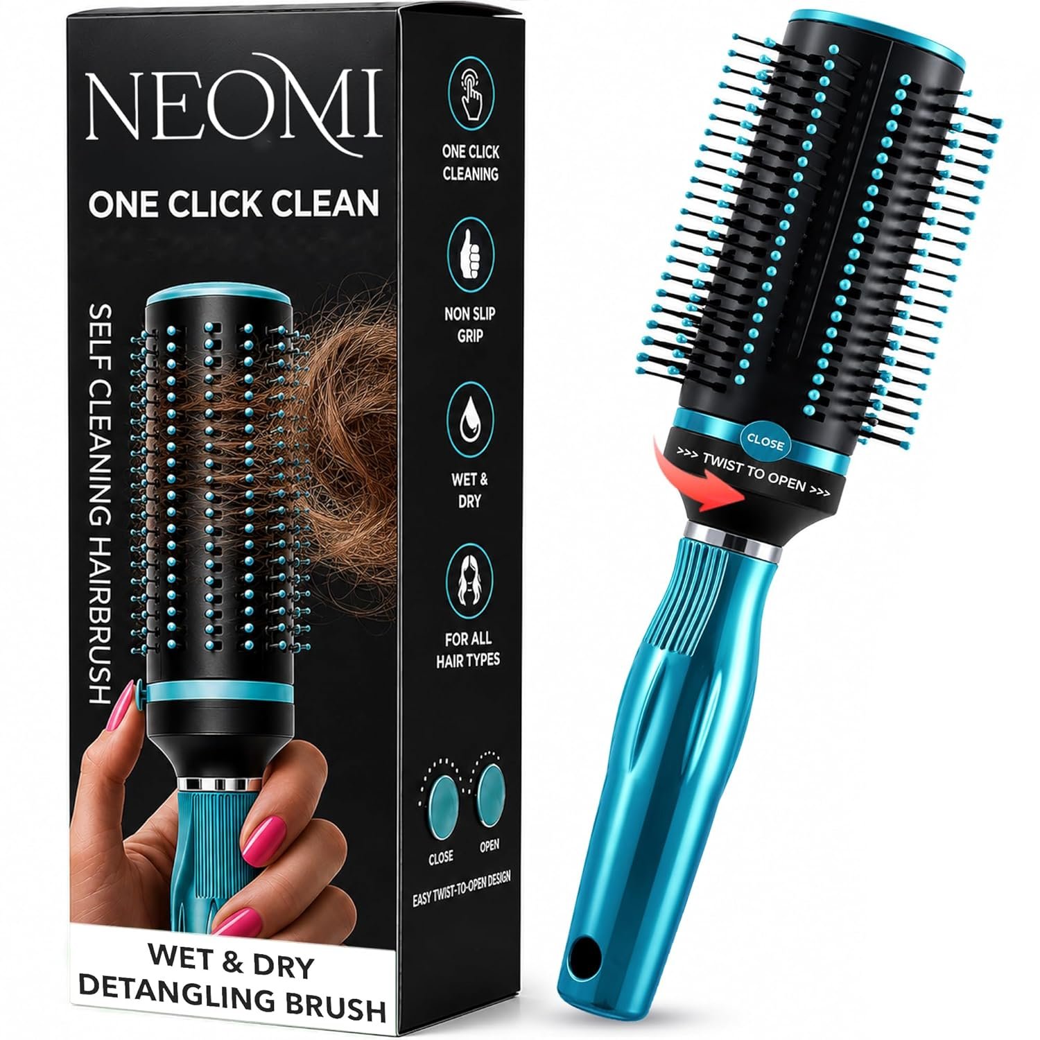 Shop LC Blue Self-Cleaning Hair Brush for Women | Retractable Bristle Detangler | Round Brush for Blow Out | Curly Straight Thick Hair | Compact Travel