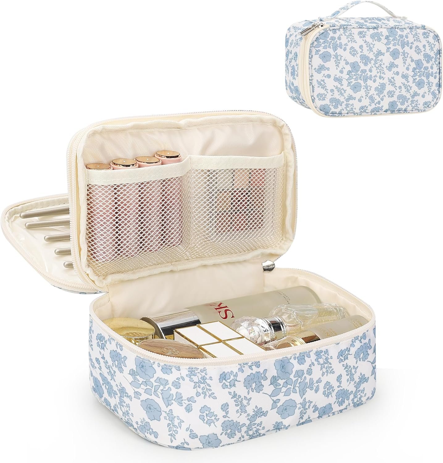 Relavel Travel Makeup Bag, Small Floral Cosmetic Bag with Makeup Brush Compartment, Portable Makeup Pouch for Women, Double Layer Makeup Organizer Bag Cute Toiletry Bag