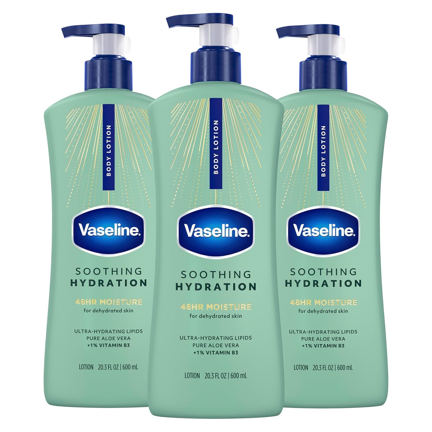 Vaseline Intensive Care Body Lotion for Dry Skin Soothing Hydration Lotion Made with Ultra-Hydrating Lipids + 1% Aloe Vera Extract to Refresh Dehydrated Skin 20.3 oz, Pack of 3 (packaging May Vary)