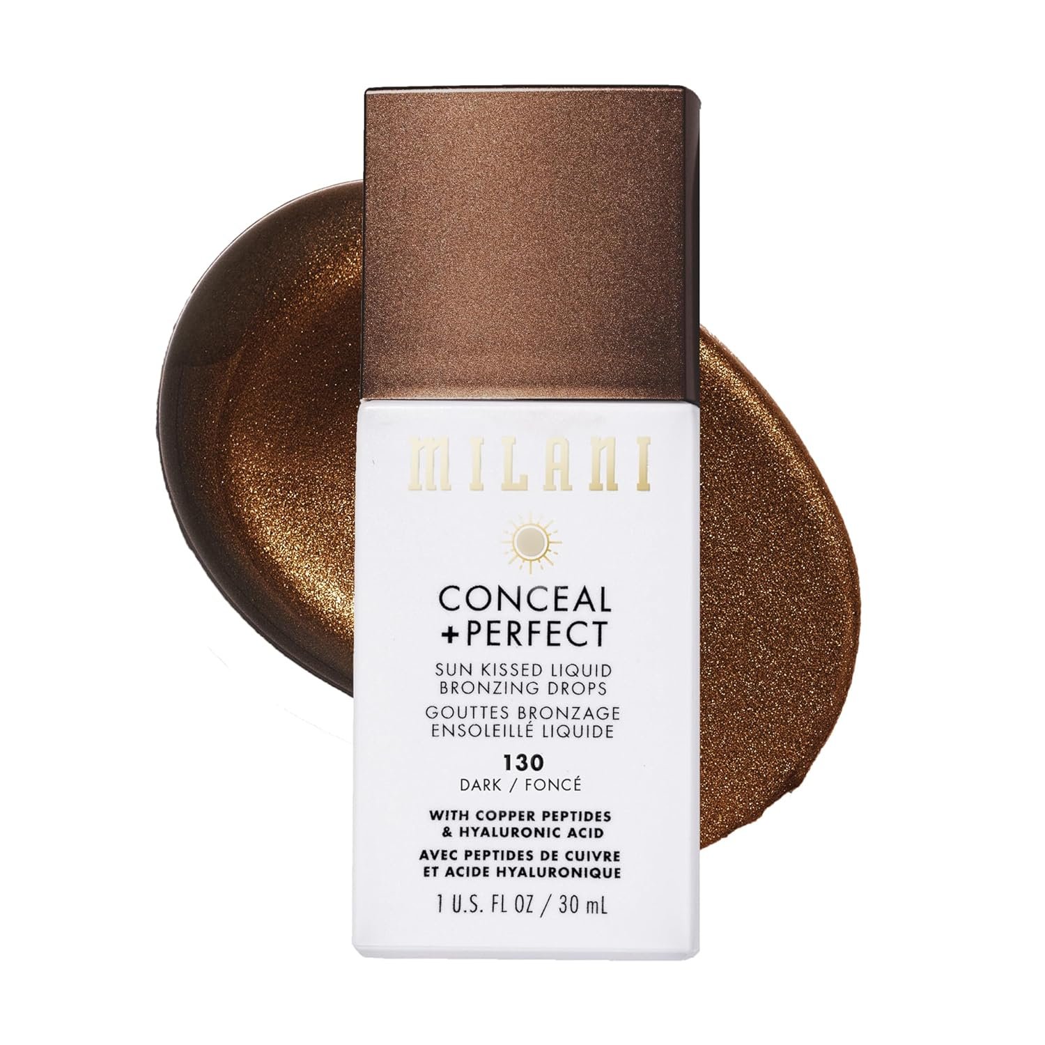 Milani Bronzer- Sun Kiss Bronzing Drops, Conceal + Perfect Liquid Bronzer for Sheer, Weightless Coverage & Hydration enriched with Peptides & Tripeptides – Dark
