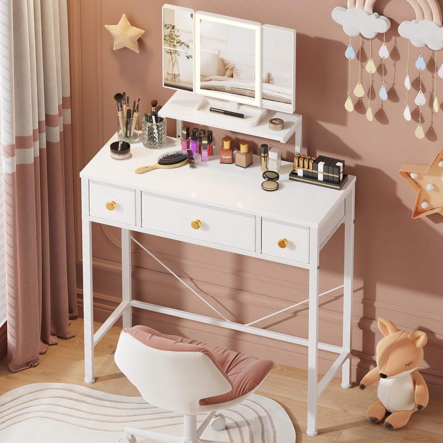 HIGDBFE Small Makeup Vanity Desk 27.5”W with Mirror and Lights, Vanity Desk with 3 Fabric Drawers and Height-Adjustable Stand, Vanity Table for Girls Gifts, Bedroom and Small Spaces, White