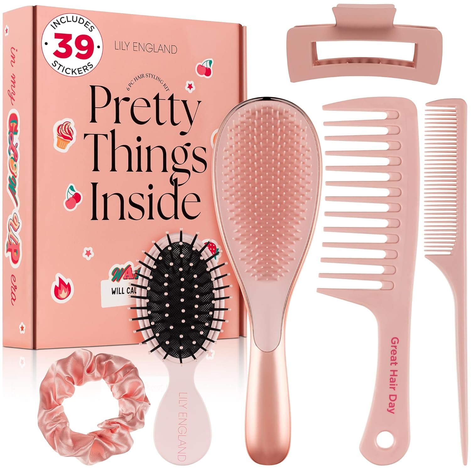 6 Pcs Hair Brush Set with Brush & Combs – Detangling Brush for All Types with Wide Tooth & Tail Comb, Scrunchie & Claw Clip – Hair Care Gift Set with Stickers for Teen Girls, Women & Kids