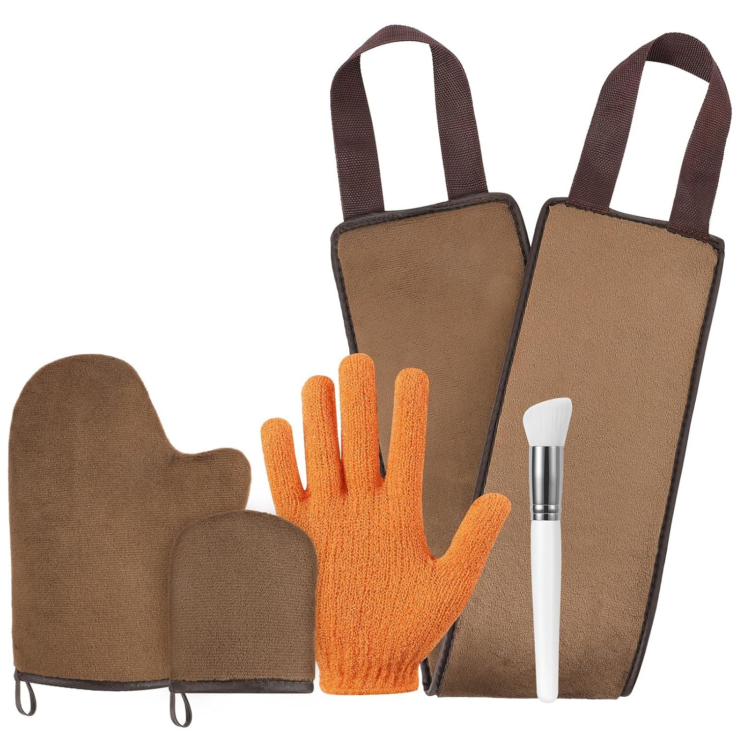Luxspire 5 Piece Self Tanning Mitt Applicator Kit, Soft Tanner Mitt Set with Exfoliating Glove, Back Lotion Applicator, Face Makeup Brush, Mini Finger Face Self Tanner Mitt for Lotions, Mousses,Creams