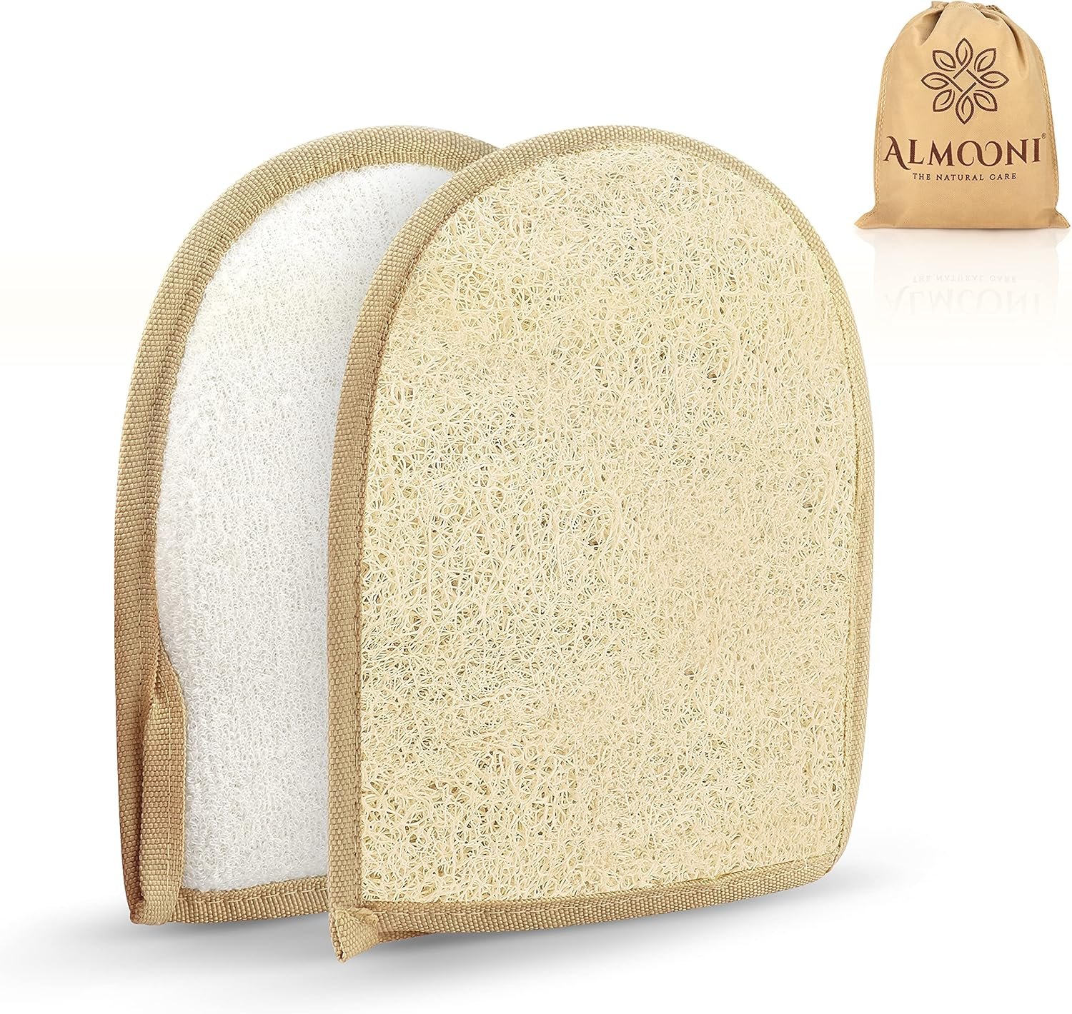 Almooni Egyptian Loofah Gloves for Women & Men, Real Natural Egyptian Loofah Mittens with Terry Cloth, Premium Exfoliating Mitt for Body Cleansing, 2-Pack