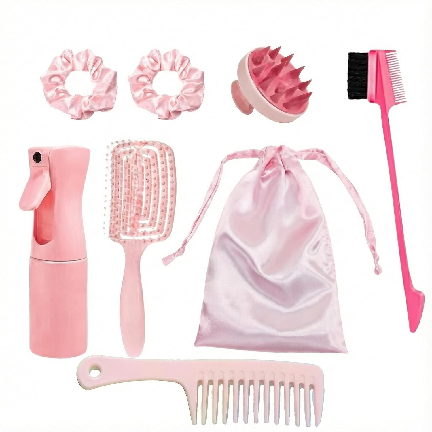 7pcs Hair Essentials Set: Spray Bottle, Detangling Brush, Scalp Massager, Brow & Lash Grooming Tool, Styling Comb, and Fabric Hair Tie – For All Ages and Relaxation at Home