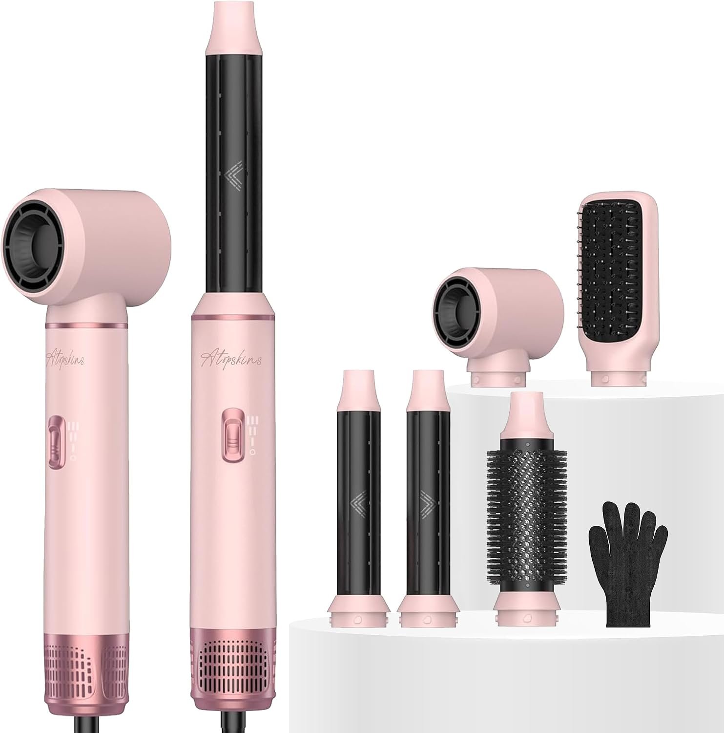 Atopskins 5 in 1 Hair Dryer Brush Set, Detachable Hot Air Styler, Blow Dryer Brush, 3 Heat Settings Auto Curling Wrap Styler, Ionic Hair Styling Tools – Straighten Curl Dry Volumize Smooth (Pink)